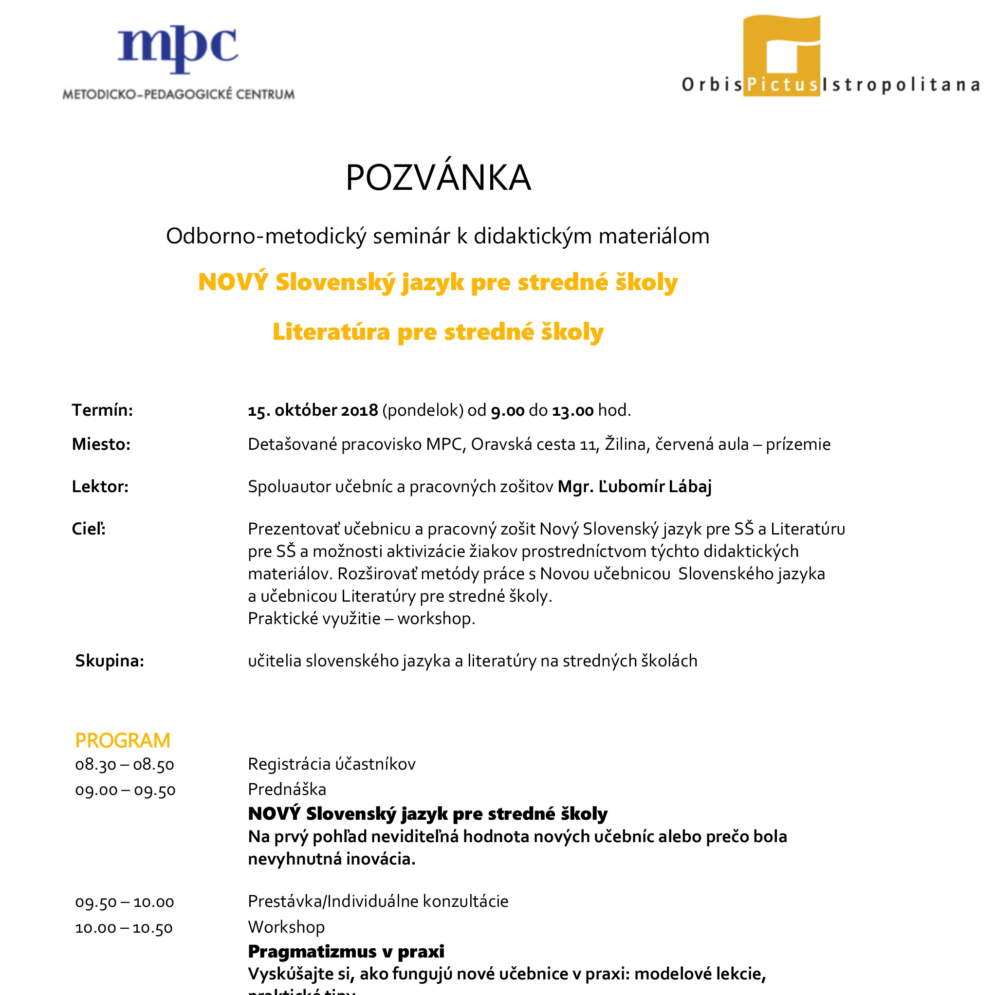 Pozvánka na seminár Žilina